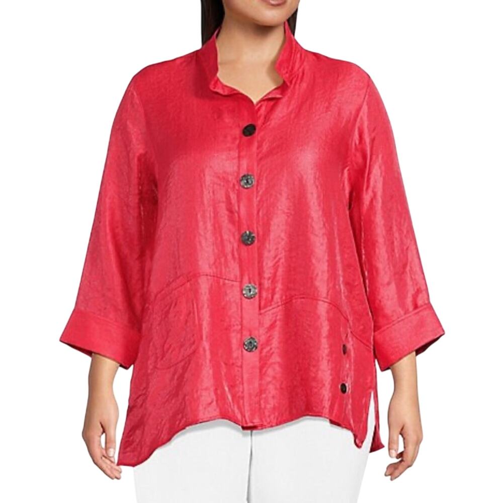Ali Miles Woven Shimmer Stand Ruffle Collar 3/4 Sleeves Button-Front Tunic Sz 2X
